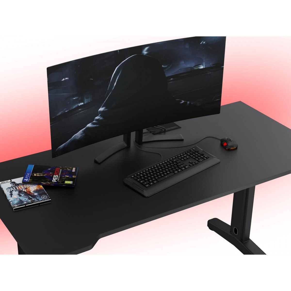  Biurko dla gracza ERGON XL czarne z LED na pilota i przelotką 68x138cm