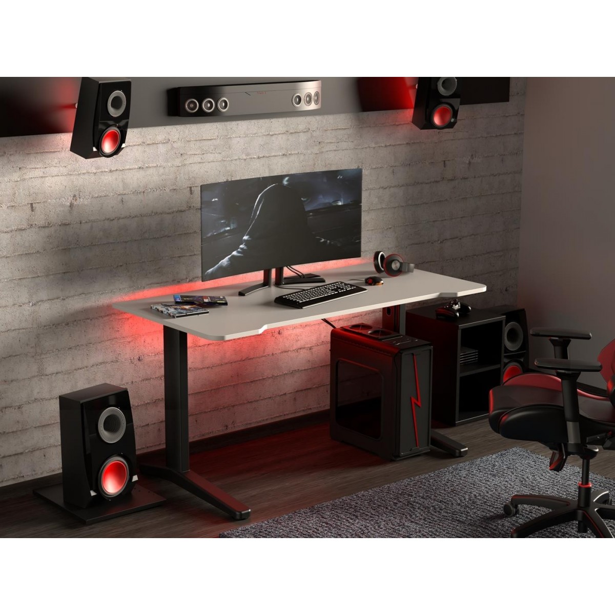  Biurko dla gracza ERGON XL białe z LED na pilota i przelotką 68x138cm