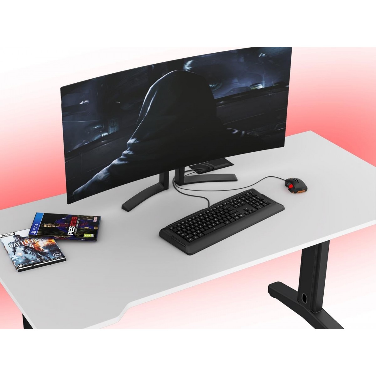  Biurko dla gracza ERGON XL białe z LED na pilota i przelotką 68x138cm