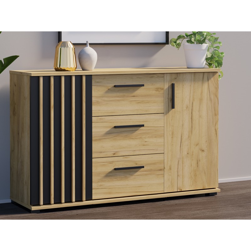 Komoda do salonu z szufladami drzwiami i lamelami dąb craft MONIKA 140 2D3SZ