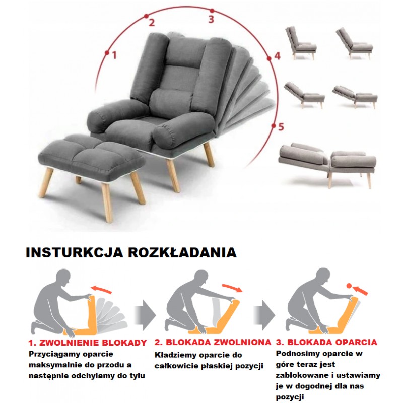 Wygodny Fotel uszak rozkładany z podnóżkiem skandynawski LILCIA czerwony winny AV4306