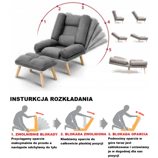 Wygodny Fotel uszak rozkładany z podnóżkiem skandynawski LILCIA czerwony winny AV4306