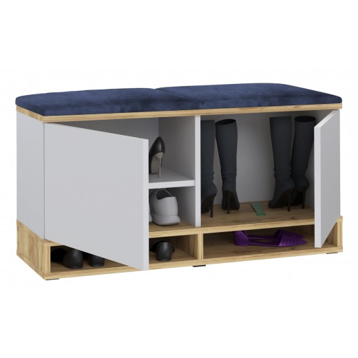 Nowoczesna szafka na buty biała craft siedzisko granatowe Kasia 37x100cm