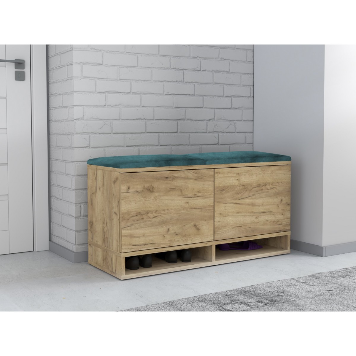 Nowoczesna szafka na buty dąb craft siedzisko zielone Kasia 37x100cm