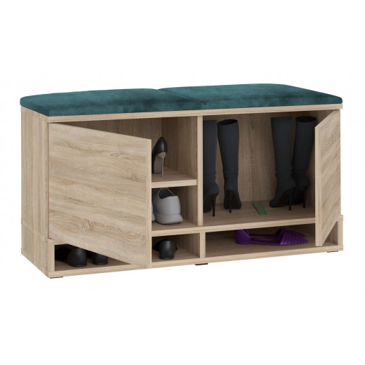 Nowoczesna szafka na buty dąb sonoma siedzisko zielone Kasia 37x100cm