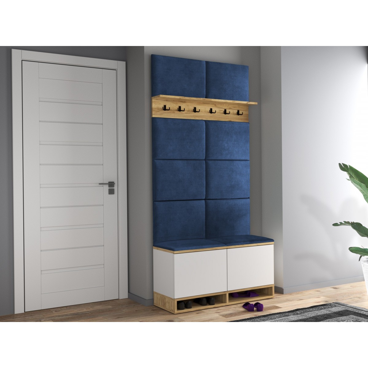 Wieszak z szafką na buty biały craft siedzisko granatowe Kasia 37x100cm
