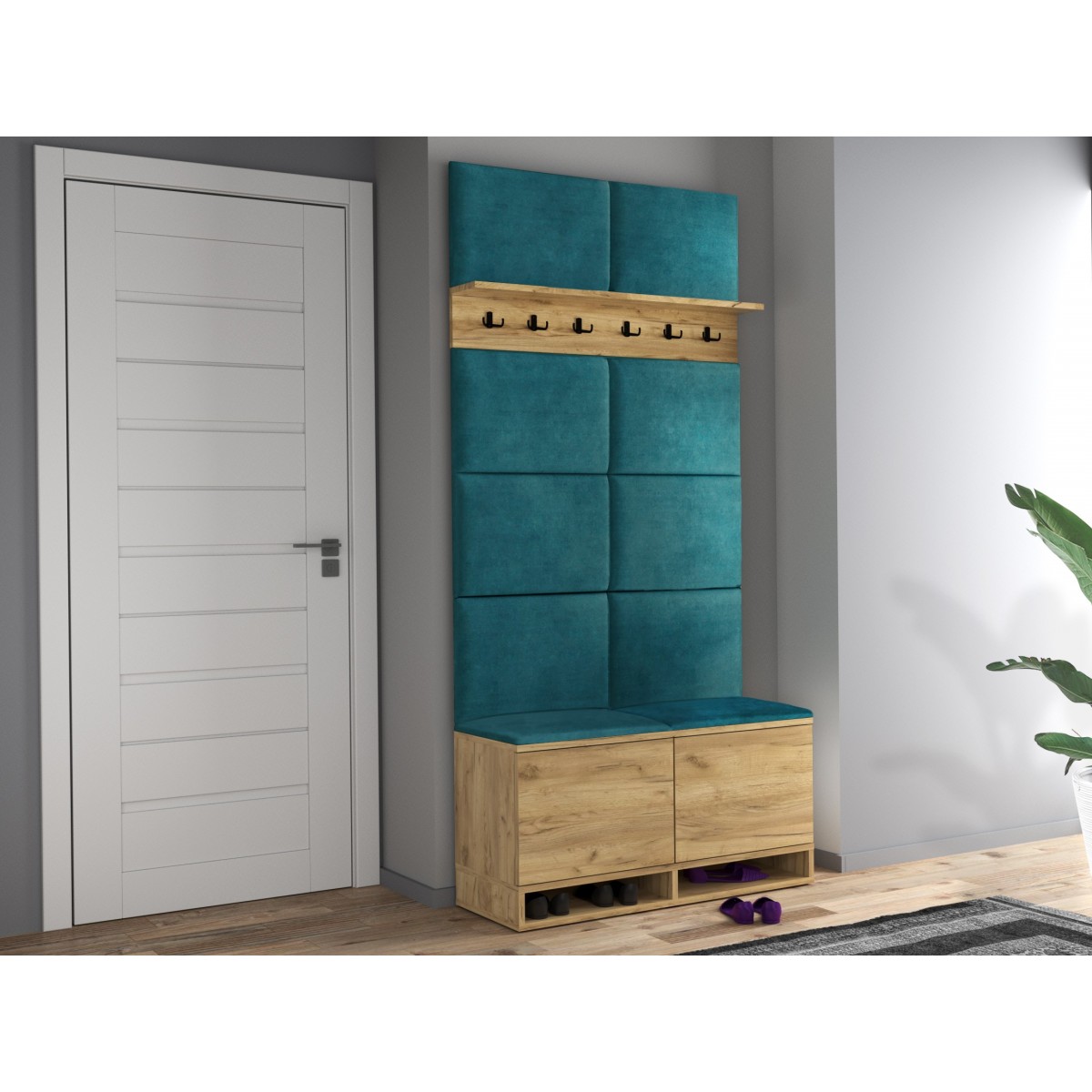 Wieszak z szafką na buty dąb craft siedzisko zielone Kasia 37x100cm